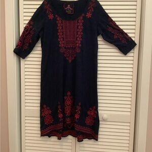 Johnny Was Navy Dress with Burgundy Embroidery